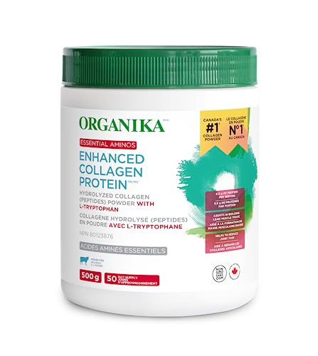 Organika Enhanced Collagen Protein Essential Aminos - Hydrolyzed Collagen Peptides Powder with L-Tryptophan- 9g Protein per 10g Serving, Grass-Fed, Unflavoured- 500g