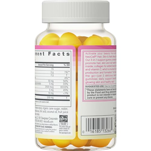 NeoCell Hair, Skin and Nails Beauty Builder With Collagen, Biotin and Vitamin C, Includes Antioxidants, Gummy, Lemon, 60 Count, 1 Bottle