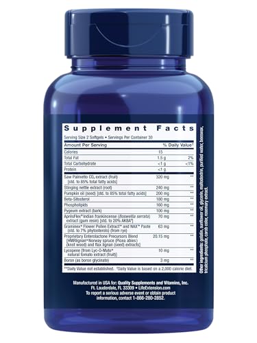 Life Extension Ultra Prostate Formula, saw palmetto for men, pygeum, stinging nettle root, lycopene, 11 nutrients for prostate function, non-GMO, gluten-free, 60 softgels