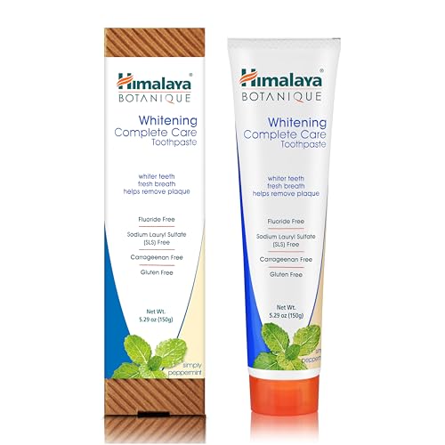 Himalaya Botanique Complete Care Whitening Toothpaste, Simply Peppermint, Fluoride Free for a Clean Mouth, Whiter Teeth and Fresh Breath, 5.29 oz, 4 Pack