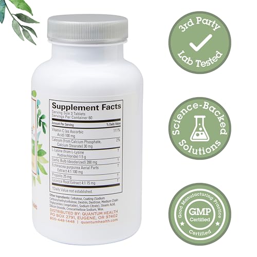 Quantum Health Super Lysine+ / Advanced Formula Lysine+ Immune Support with Vitamin C, Echinacea, Licorice, Propolis, Odorless Garlic (180 Tablets), Packaging may vary