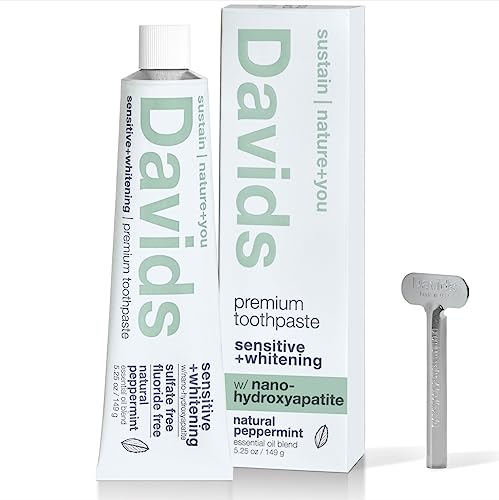 Pre-Order | Arrives in 5–10 Days – Davids Nano Hydroxyapaite Natural Toothpaste for Sensitivity, Peppermint, Flouride Free, SLS Free, Remineralize Enamel, Gentle Whitening, Toothpaste Squeezer Included, Recycable Metal Tube, 5.25oz