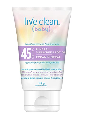 Live Clean Baby Mineral Sunscreen Lotion Spf 45, White, Unscented Baby SPF 45, 113ml, 113 Milliliters