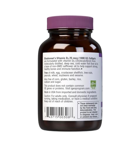 Pre-Order | Arrives in 5–10 Days – Bluebonnet Nutrition Vitamin D3 1000 IU Softgels, Aids in Muscle and Skeletal Growth, Cholecalciferol from Fish Oil, Non GMO, Gluten Free, Soy Free, Dairy Free, 100 Softgels