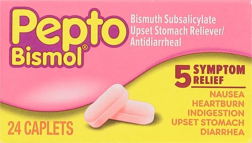 Pepto Bismol Caplets, 24 Count, for Relief of Gas, Anti Diarrhea, Heartburn, Nausea, Upset Stomach, and Indigestion