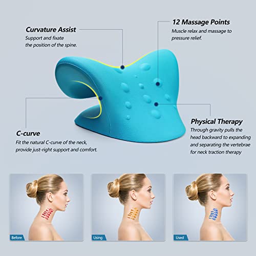 Neck Stretcher for Neck Pain Relief, Neck and Shoulder Relaxer Cervical Neck Traction Device Pillow for TMJ Pain Relief and Muscle Relax, Cervical Spine Alignment Chiropractic Pillow (Blue)