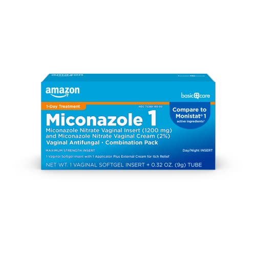 Pre-Order | Arrives in 5–10 Days – Amazon Basic Care Miconazole 1, Miconazole Nitrate Vaginal Insert (1200 mg) Softgel and 0.32 Oz Miconazole Nitrate Cream (2%) Combination Pack, 1-Day Treatment For Vaginal Yeast Infection