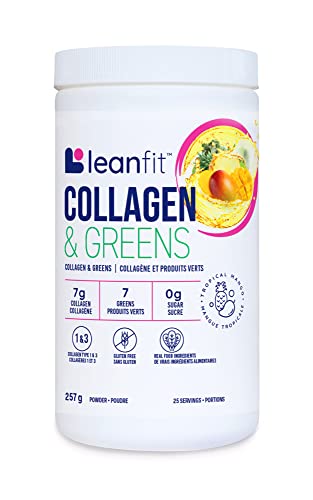 LEANFIT COLLAGEN & GREENS, Tropical Mango - 7g Grass-Fed Bovine Collagen (Type I, III) + 2 Seaweeds + 5 Leafy Greens Per Serving - 25 Servings, 257g Tub