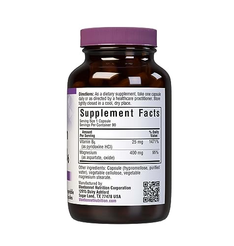 Pre-Order | Arrives in 5–10 Days – Bluebonnet Nutrition Magnesium & B6 – 400 mg Magnesium Oxide & Aspartate with Vitamin B6 25 mg – Heart & Brain Magnesium Complex for Women & Men* - Non-GMO, Vegan, Gluten-Free - 90 Vegetable Capsules