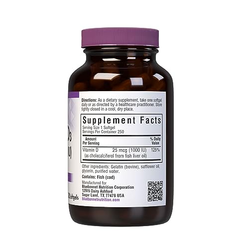 Pre-Order | Arrives in 5–10 Days – Bluebonnet Nutrition Vitamin D3 1000 IU Softgels, Aids in Muscle and Skeletal Growth, Cholecalciferol from Fish Oil, Non GMO, Gluten Free, Soy Free, Dairy Free, 250 Softgels