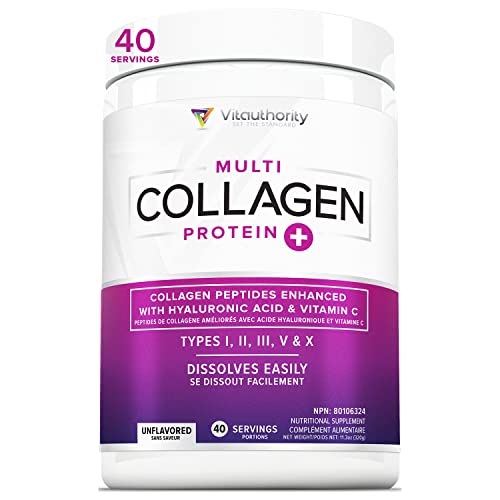 Multi Collagen Peptides Plus Hyaluronic Acid and Vitamin C, Hydrolyzed Collagen Protein, Types I, II, III, V and X Collagen, Unflavored