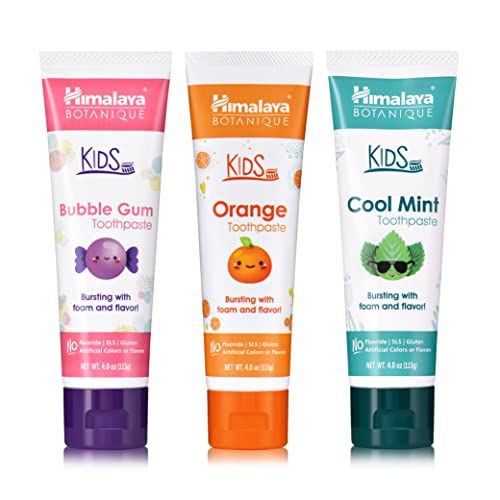 Himalaya Botanique Kids Toothpaste Variety Pack, Bubble Gum, Orange & Cool Mint Flavors to Reduce Plaque and Keep Kids Brushing Longer, Fluoride Free, SLS Free, Gluten Free, Vegan, 113 g (4 oz), 3 Pack