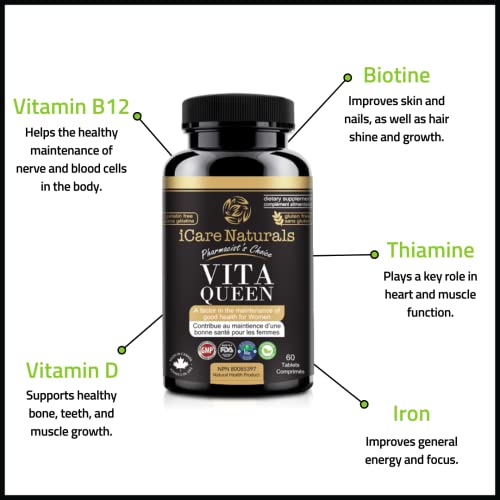 iCare Naturals Vita Queen - Multivitamins for Women - Halal | Gluten-Free | Vegetarian Friendly | Manufactured in Canada| GMP Certified | - Iron, Vitamin D3, B Vitamins and Antioxidant Vitamins C and E - Nourish Hair, Skin & Nails - 60 count