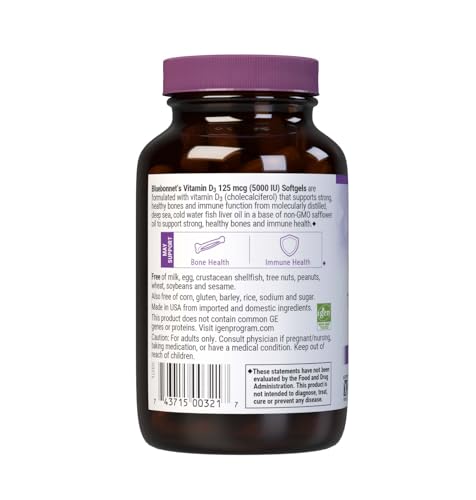 Pre-Order | Arrives in 5–10 Days – Bluebonnet Nutrition Vitamin D3 5000 IU Softgels, Aids in Muscle and Skeletal Growth, Cholecalciferol from Fish Oil, Non GMO, Gluten, Soy & Dairy Free, Yellow, 100 Count