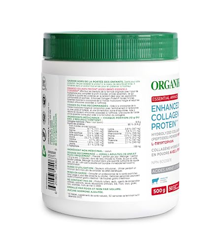 Organika Enhanced Collagen Protein Essential Aminos - Hydrolyzed Collagen Peptides Powder with L-Tryptophan- 9g Protein per 10g Serving, Grass-Fed, Unflavoured- 500g