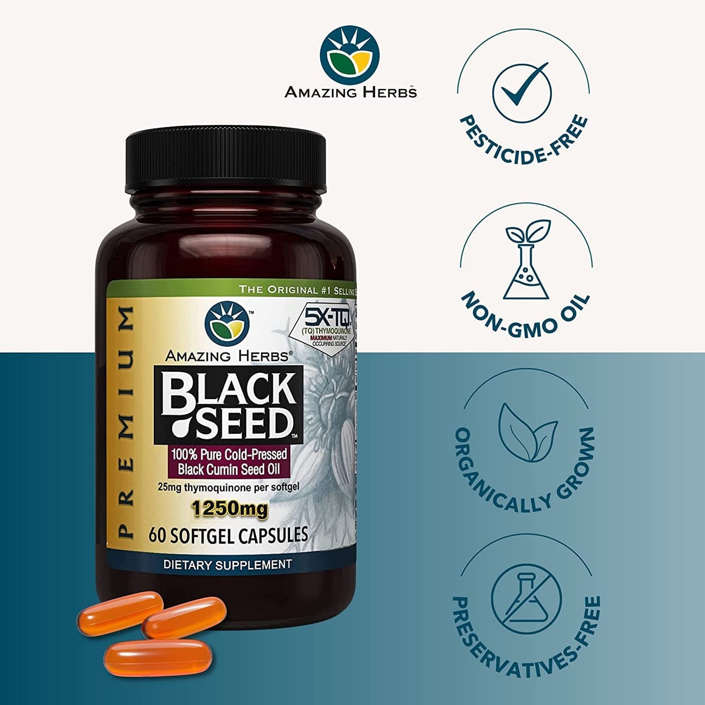 AMAZING HERBS BLACK SEED 1250MG, 60 SOFTGEL CAPSULES