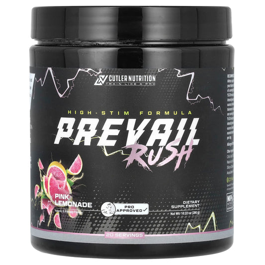 Pre-Order | Arrives in 5–10 Days – Cutler Nutrition
Prevail Rush, High-Stim Formula, Pink Lemonade, 10.22 oz (290 g)