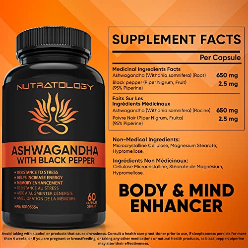 Organic Ashwagandha With Black Pepper For Improved Absorption. Resistant To Stress, Increases Energy Levels & Supports Memory Enhancement - 650MG Ashwagandha Per Capsule - 60 Capsules