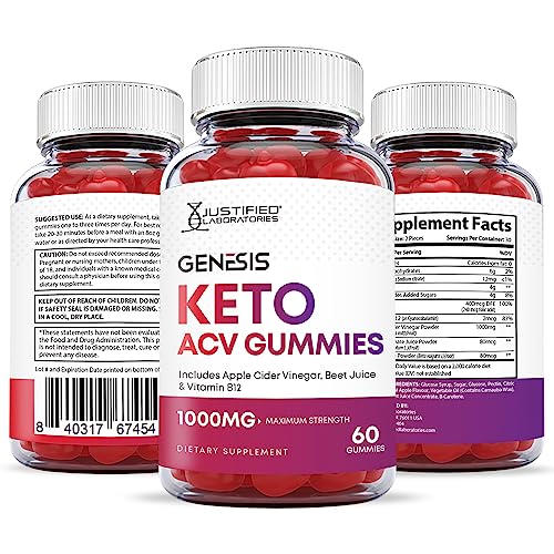 Justified Laboratories Genesis Keto ACV Gummies 1000MG Vegan Non GMO with Pomegranate Juice Beet Root B12 60 Gummys