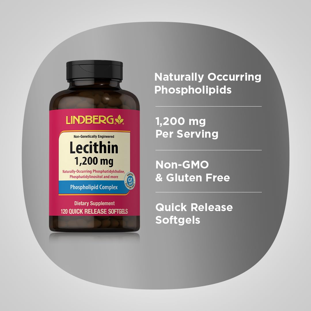 Lindberg Lecithin 1200mg Supplement | for Men & Women | 120 Softgel Capsules | Phospholipid Complex | Non-GMO, Gluten Free