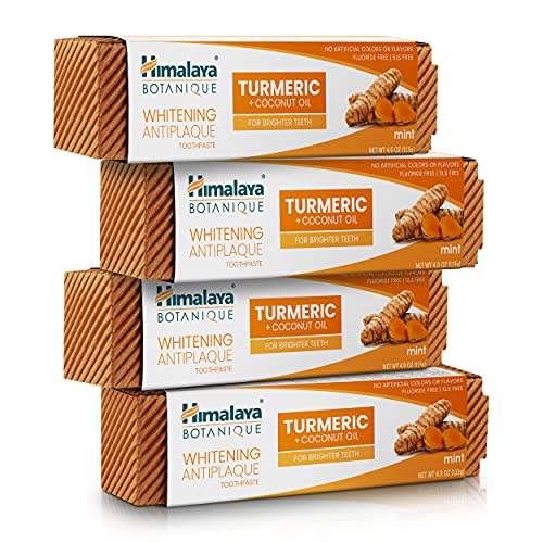 Himalaya Botanique Whitening Antiplaque Toothpaste with Turmeric + Coconut Oil for Brighter Teeth, Mint Flavor, Fluoride Free, Vegan, Gluten Free & SLS Free, 113 g (4 oz), 4 Pack