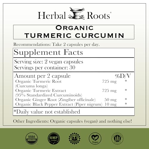 Herbal Roots - Turmeric Curcumin Capsules - Extra Strength - 1000mg Pure Organic Turmeric Supplement, 95% Standardized Curcumin Extract with BioPerine Pepper and Ginger