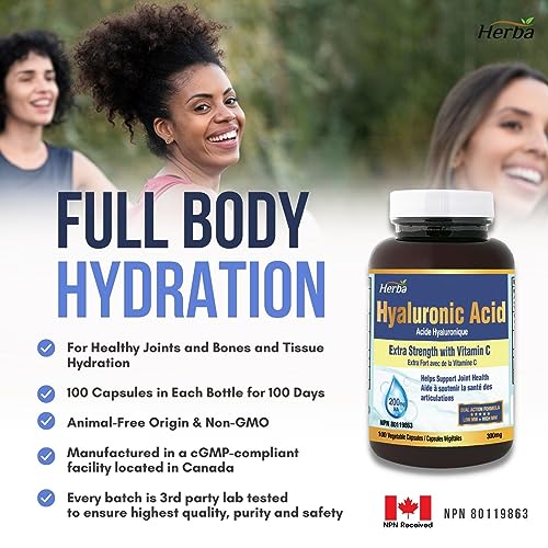 Herba Hyaluronic Acid Supplement 300mg - 100 Vegetable Capsules | Hyaluronic Acid Capsules with Vitamin C to Support Joint and Bone Health | NPN from Health Canada