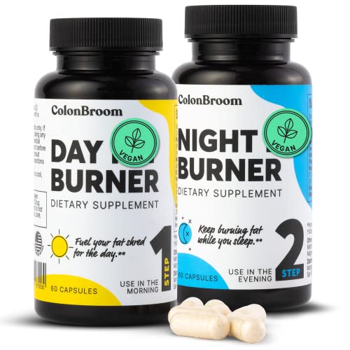 Pre-Order | Arrives in 5–10 Days – ColonBroom Day & Night Burner Supplements, Pills for Women/Men with Inulin, L-carnitine, Coenzyme Q 10, Grain of Paradise and More, 60 Vegan Capsules Per Container