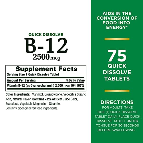 Nature's Bounty Vitamin B12 2500 mcg, Cellular Energy Support, For Energy Metabolism, Heart & Nervous System Health, 75 Quick Dissolve Tablets