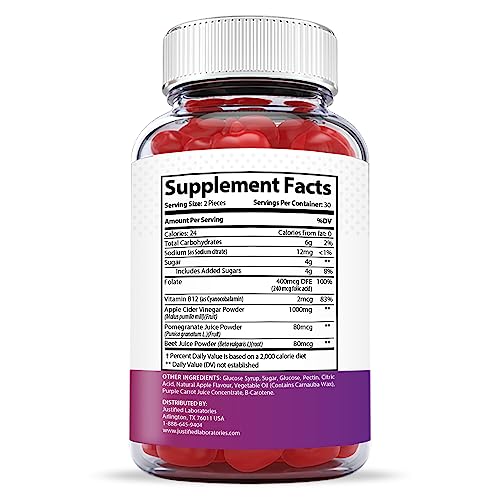 Justified Laboratories Genesis Keto ACV Gummies 1000MG Vegan Non GMO with Pomegranate Juice Beet Root B12 60 Gummys