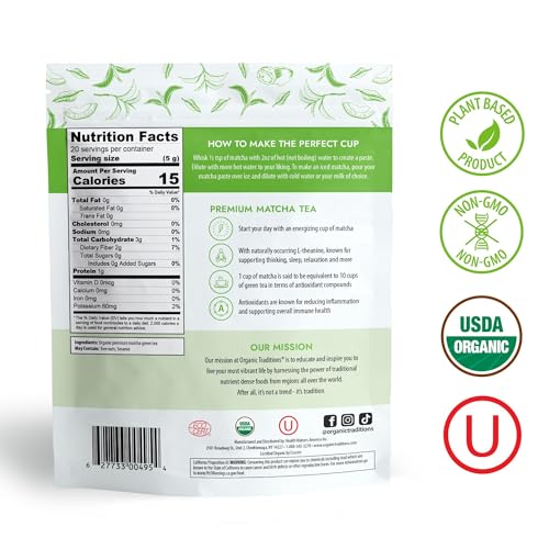 Organic Traditions Premium Matcha Tea, Matcha Green Tea Powder Sourced from Japan, Authentic Premium Grade Organic Tea, 100g/3.5oz Bag