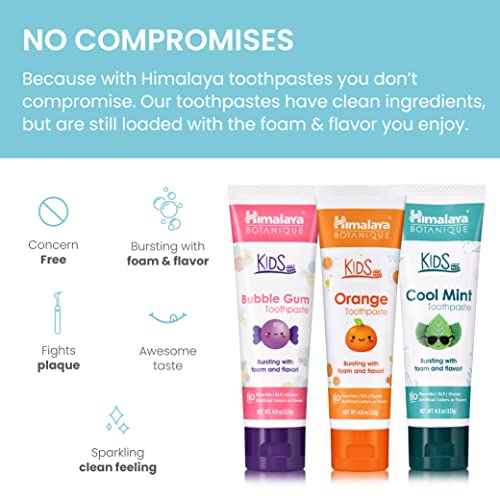 Himalaya Botanique Kids Toothpaste Variety Pack, Bubble Gum, Orange & Cool Mint Flavors to Reduce Plaque and Keep Kids Brushing Longer, Fluoride Free, SLS Free, Gluten Free, Vegan, 113 g (4 oz), 3 Pack