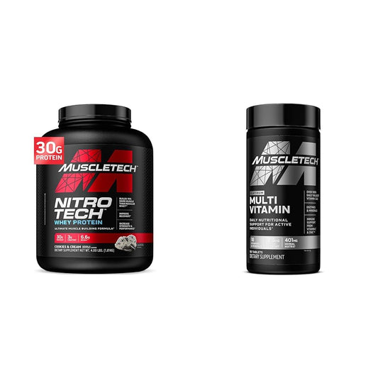 Muscletech Whey Protein Powder & Multivitamin for Immune Support - Nitro-Tech Muscle Building Formula with Whey Protein Isolate & Peptides, 30g Protein, 3g Creatine, 6.8g BCAAs, and Platinum Multivitamin with 18 Vitamins & Minerals