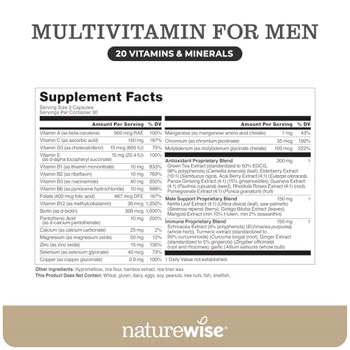 NatureWise Multivitamin for Men - Daily Male Support - Minerals & Herbs for Energy, Performance, Immunity - with Vitamin A, C, D, B-Complex - Soy & Gluten-Free, Non-GMO - 60 Capsules[1-Month Supply]