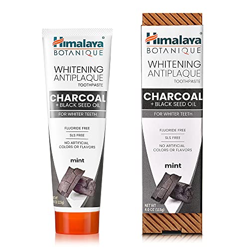 Himalaya Botanique Whitening Antiplaque Toothpaste with Charcoal + Black Seed Oil for Whiter Teeth, Mint Flavor, Fluoride Free, Vegan, Gluten Free & SLS Free, 113 g (4 oz)