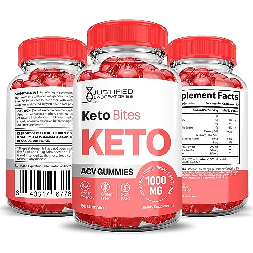 Justified Laboratories Keto Bites Keto ACV Gummies 1000MG Vegan Non GMO with Pomegranate Juice Beet Root B12 60 Gummys