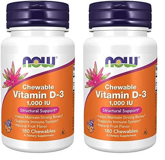NOW Supplements, Vitamin D-3 1,000 IU, Natural Fruit Flavor, Structural Support*, 180 Chewables (Pack of 2)