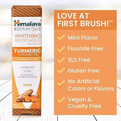 Himalaya Botanique Whitening Antiplaque Toothpaste with Turmeric + Coconut Oil for Brighter Teeth, Mint Flavor, Fluoride Free, Vegan, Gluten Free & SLS Free, 113 g (4 oz), 4 Pack