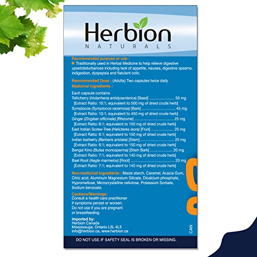 Herbion Naturals Gastro-Intestinal Capsules help with Indigestion, Dyspepsia, Flatulence, Nausea as well as Digestive Spasms Caused by Diarrhea while Stimulating Appetite. Seven Herbal Extracts. 20 Veggie Caps