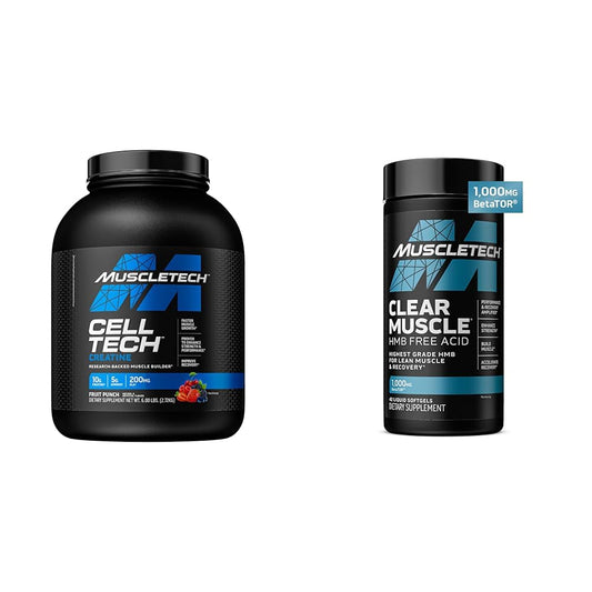 MuscleTech Cell-Tech Creatine Powder & Clear Muscle HMB Supplements, Muscle Builder & Recovery Drink for Men & Women, 6 lbs Powder & 42 Softgels