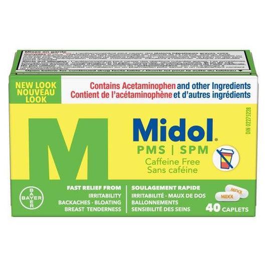 Midol PMS Caffeine-Free Pain Reliever, Fast Relief of Pre-Menstrual Period Symptoms such as Irritability, Bloating, Cramps, Breast tenderness, Backache, Headaches and Muscle Aches (40 Caplets)