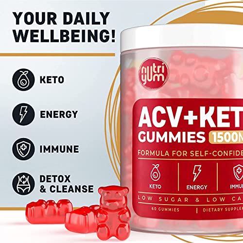 Keto ACV Gummies 1500 mg - ACV Keto Gummies Vegan Natural Advanced ACV Keto Gummies - Low Carbs ACV Gummies for Detox Cleanse, Gelatin-Free ACV Gummies - 60 pcs