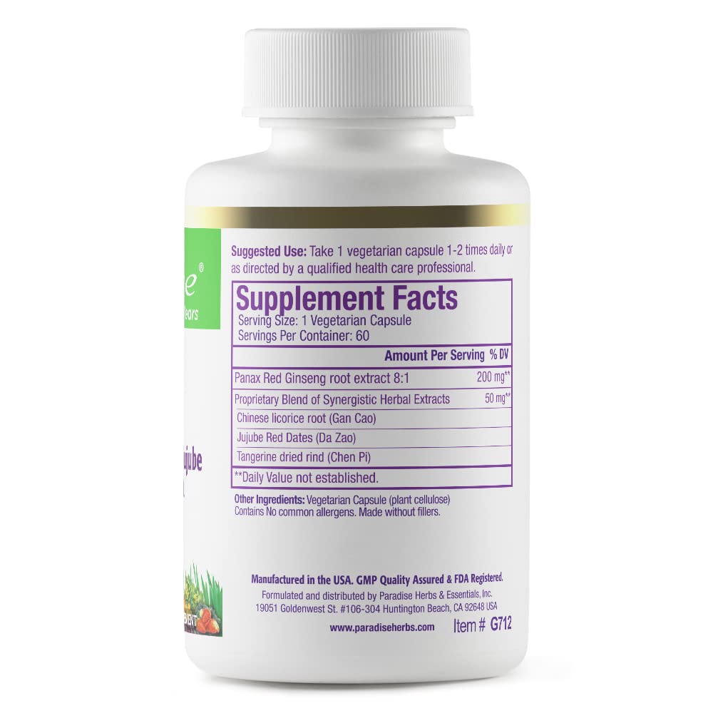 Paradise Herbs Ginseng Root Extract for Energy & Well-Being, Vegan, Non GMO, Gluten Free, Vitamin B1, B2 & B12, 60 Capsules