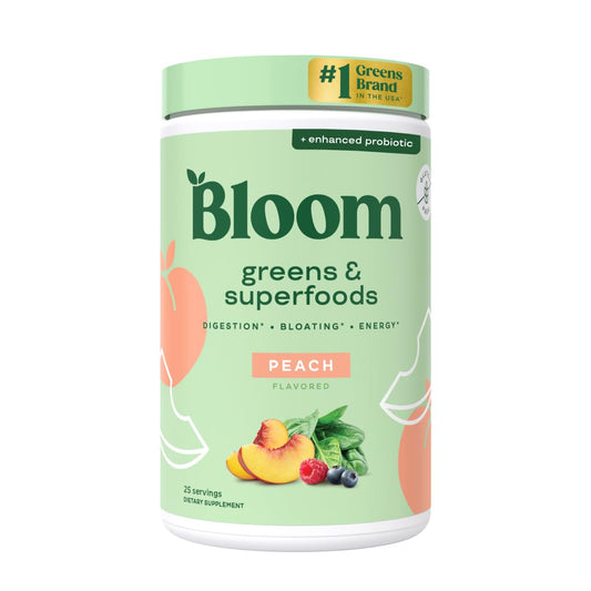 Pre-Order | Arrives in 5–10 Days – 
Bloom Nutrition Superfood Greens Powder, Digestive Enzymes with Probiotics and Prebiotics, Gut Health, Bloating Relief for Women, Chlorella, Green Juice Mix with Beet Root Powder, 25 SVG, Peach