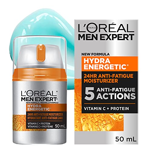 L'Oréal Paris Men Expert Hydra Energetic Face Cream with Vitamin C + Protein, 24HR Non-greasy Face Moisturizer for Men, For Dry and Dull Skin, Reduces look of fine lines & dark circles, Dermatologist Tested, 50ml