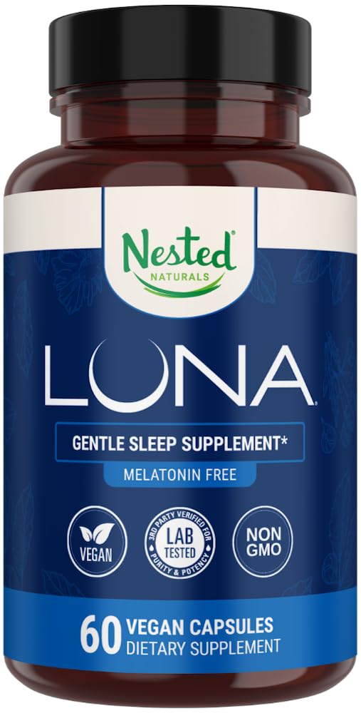 Nested Naturals Luna Sleep Supplement, Melatonin Free, Non-Habit Forming Herbal Sleep Supplement, Adult Bedtime Support, Help Sleeping w/Chamomile, Valerian, L-Theanine, 60 Vegan Capsules