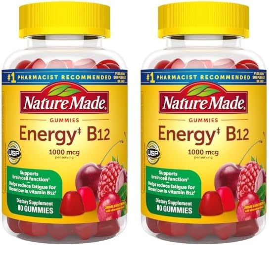 Nature Made Energy B12 1000 mcg, Dietary Supplement for Energy Metabolism Support, 80 Gummies, 40 Day Supply (Pack of 2)