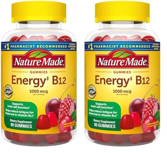 Nature Made Energy B12 1000 mcg, Dietary Supplement for Energy Metabolism Support, 80 Gummies, 40 Day Supply (Pack of 2)