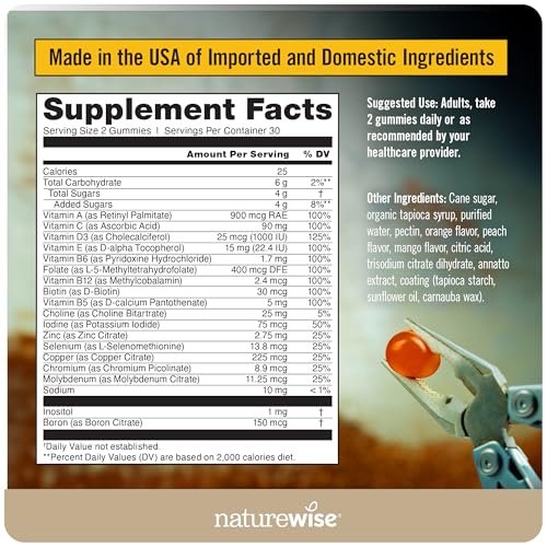 NatureWise Multivitamin for Men, Gummies Peach Mango Flavor, for Immune Health with Minerals & Vitamin A, C, D, E, B6 and B12, Vegetarian, Soy-Free, Non-GMO, 60 Count[1-Month Supply]