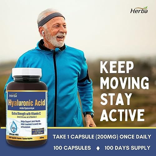 Herba Hyaluronic Acid Supplement 300mg - 100 Vegetable Capsules | Hyaluronic Acid Capsules with Vitamin C to Support Joint and Bone Health | NPN from Health Canada